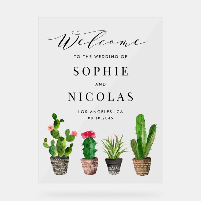 Boho Potted Succulents and Cactus Summer Wedding Acrylic Sign (Front)