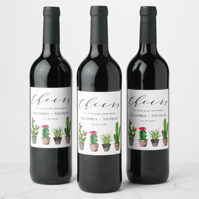 Boho Potted Succulents and Cactus Summer Wedding Wine Label (Bottles)