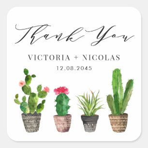 Boho Potted Succulents and Cactus Thank You Square Sticker