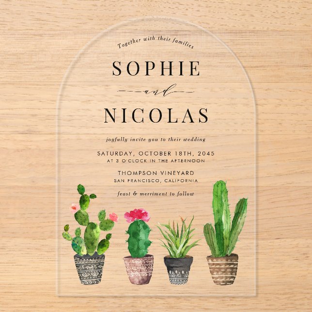 Boho Potted Succulents and Cactus Wedding  Acrylic Invitations (Front)