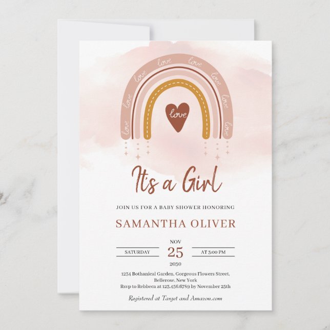 Boho Powder Pink Rainbow It's a Girl Baby Shower Invitation (Front)