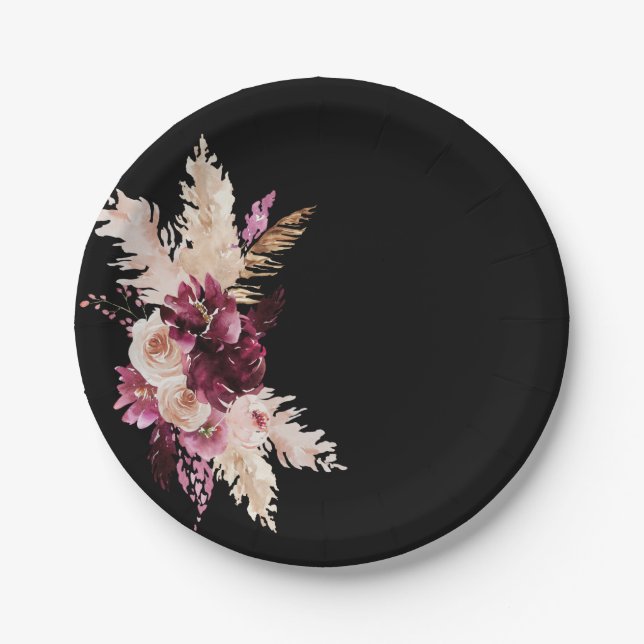 Boho Premium Roses Burgundy Black Wedding  Paper Plate (Front)