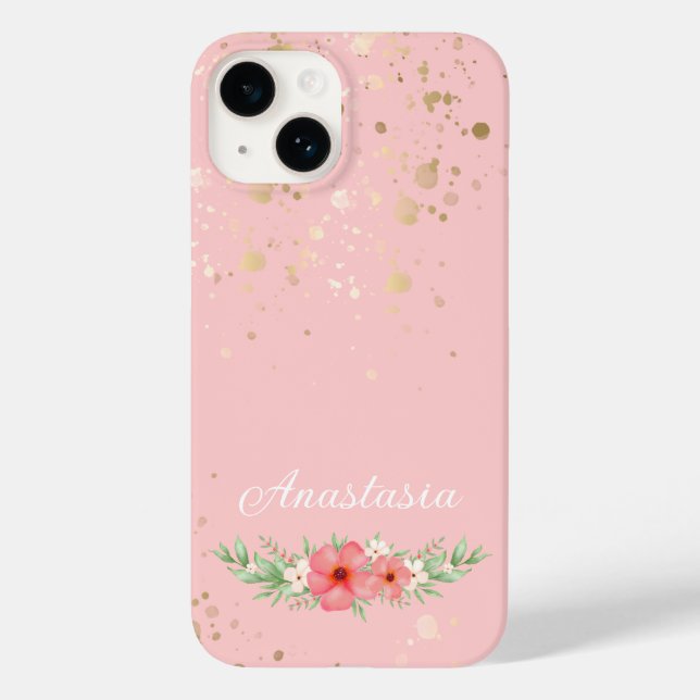 Boho Pretty Pink & Ivory Greenery Floral Name Case-Mate iPhone Case (Back)