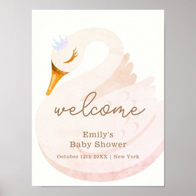 Boho Princess Swan Girl Baby Shower Welcome Poster (Front)