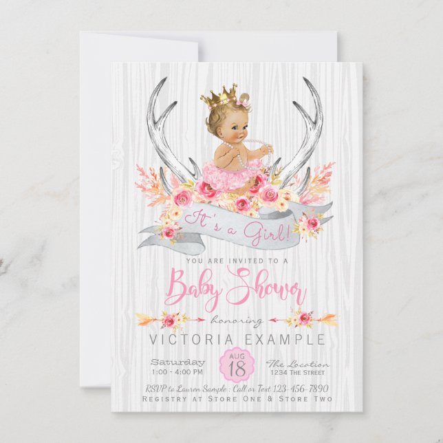 Boho Princess Tribal Antler Baby Shower Invitation (Front)