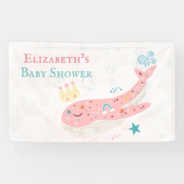 Boho Princess Whale Girl Baby Shower Banner (Horizontal)