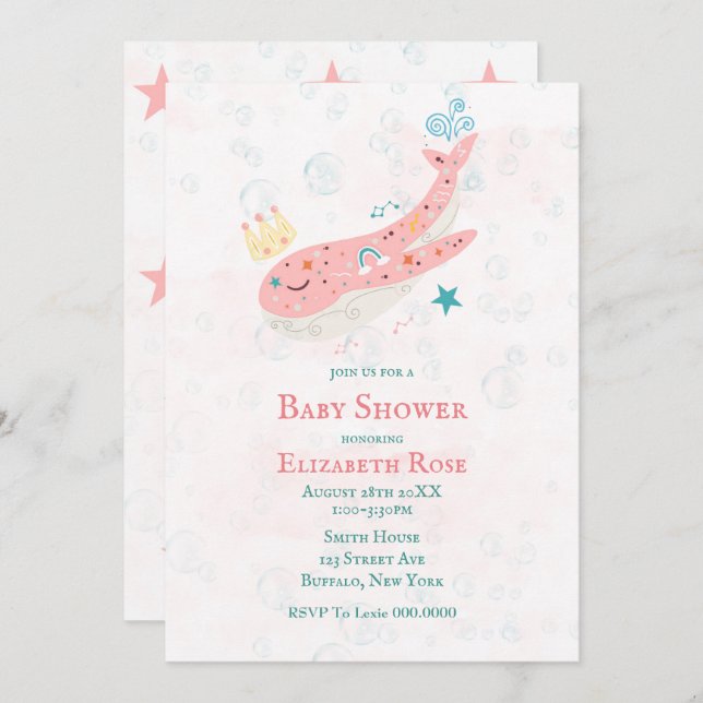 Boho Princess Whale Girl Baby Shower Invitations  (Front/Back)