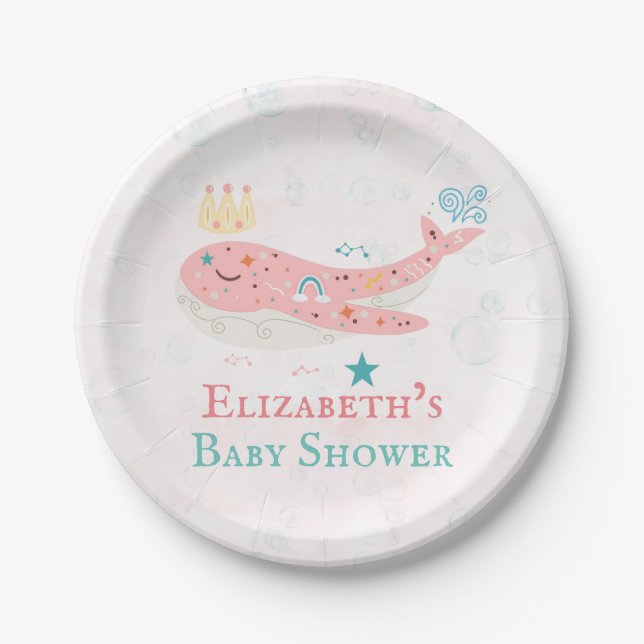 Boho Princess Whale Girl Baby Shower  Paper Plate (Front)