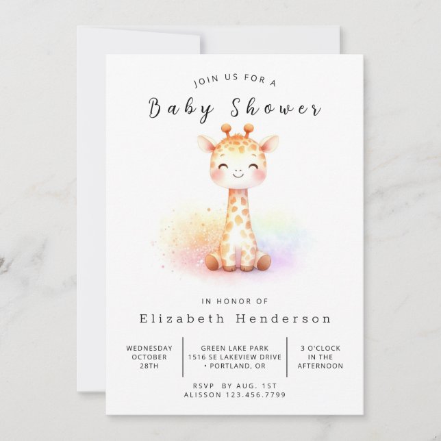Boho Printable Giraffe Baby Shower Invitation (Front)