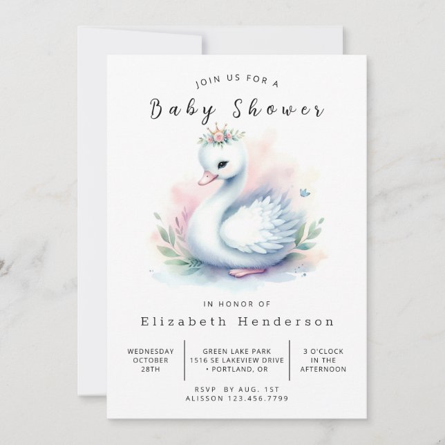 Boho Printable Swan Baby Shower Invitation (Front)