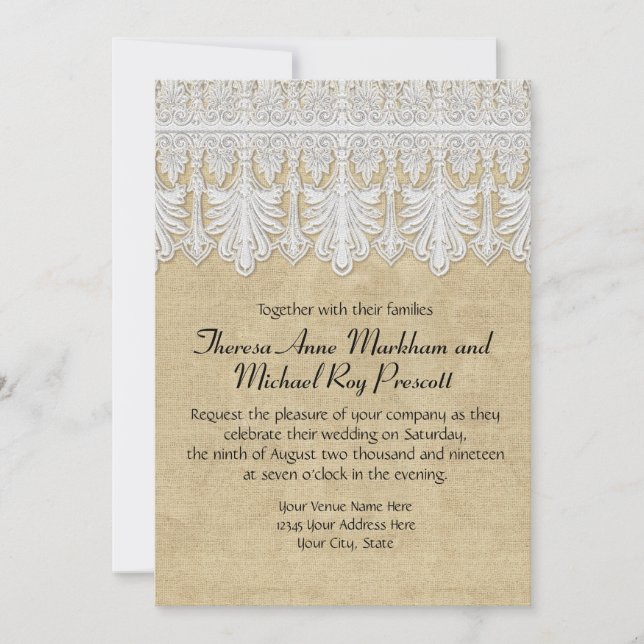 BOHO Printed Burlap n Lace gypsy Modern Mod Style Invitation (Front)