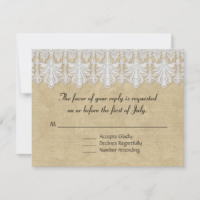 BOHO Printed Burlap n Lace gypsy Modern Mod Style RSVP Card (Front)