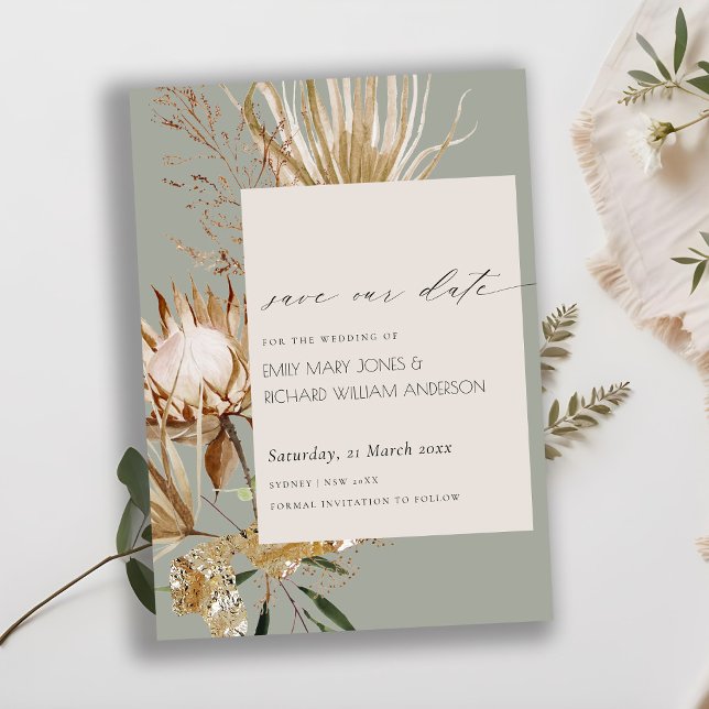 Boho Protea Dried Palm Floral Save the Date Card (Creator Uploaded)
