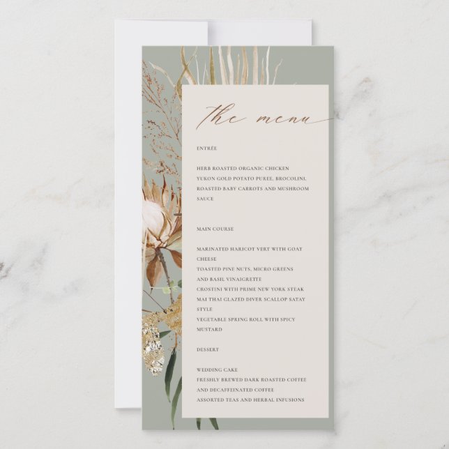Boho Protea Dried Palm Floral Wedding Menu Card (Front)