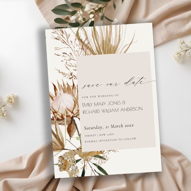 Boho Protea Dry Palm Floral Save the Date Card (Creator Uploaded)