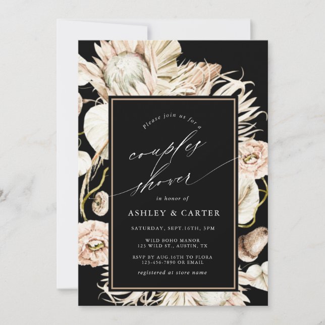 Boho Protea Pampas Grass Black Couples Shower Invitation (Front)