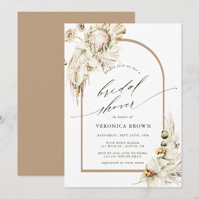 Boho Protea Pampas Grass Floral Arch Bridal Shower Invitation (Front/Back)