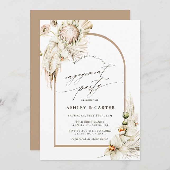 Boho Protea Pampas Grass Floral Engagement Party Invitation (Front/Back)