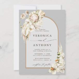 Boho Protea Pampas Grass Floral Grey Wedding Invitation