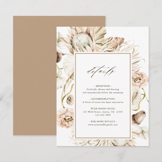 Boho Protea Pampas Grass Floral Wedding Details  Enclosure Card (Front/Back)