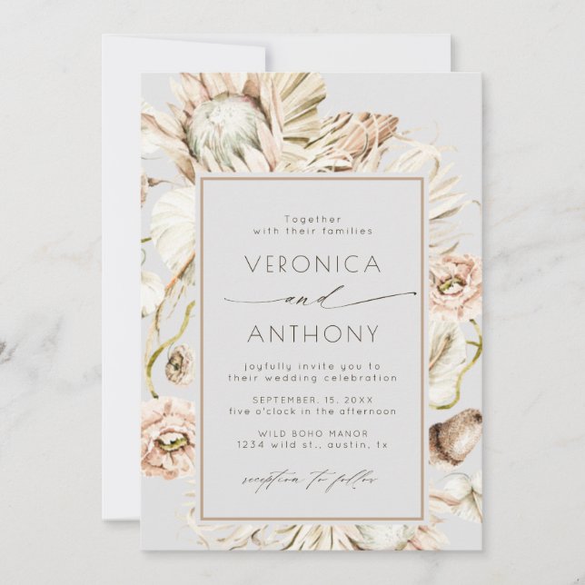 Boho Protea Pampas Grass Floral Wedding Grey Invitation (Front)