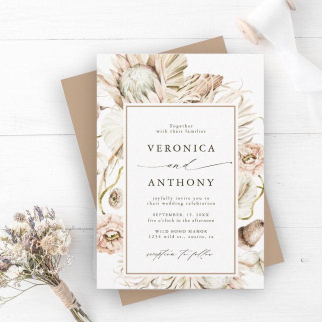 Boho Protea Pampas Grass Floral Wedding Invitation (Creator Uploaded)