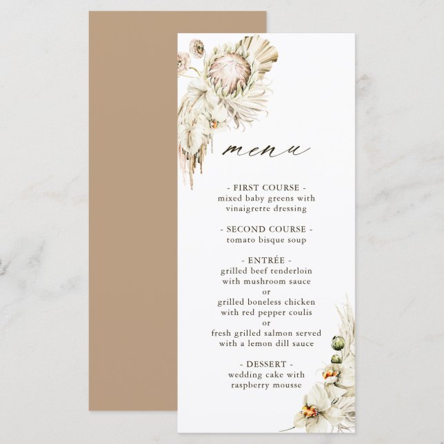 Boho Protea Pampas Grass Floral Wedding Menu (Front/Back)