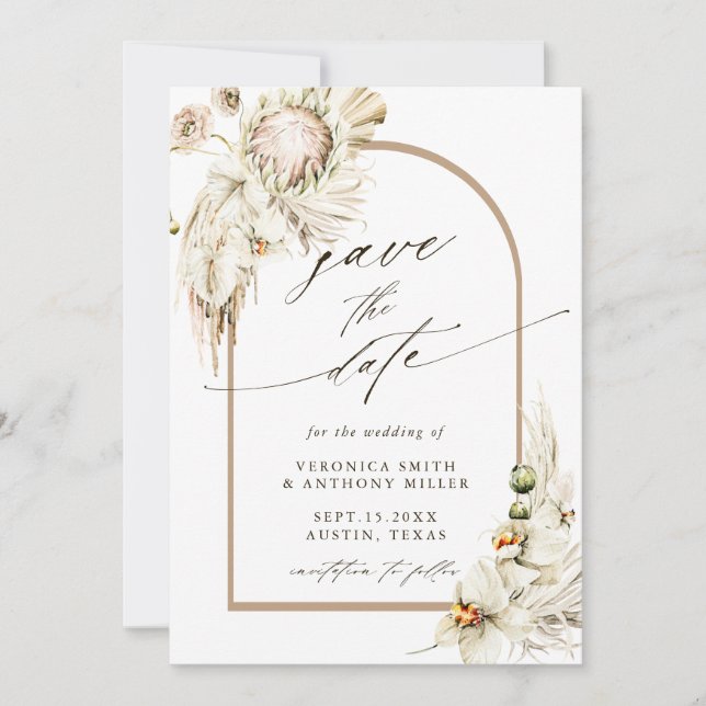 Boho Protea Pampas Grass Floral Wedding Photo Save The Date (Front)