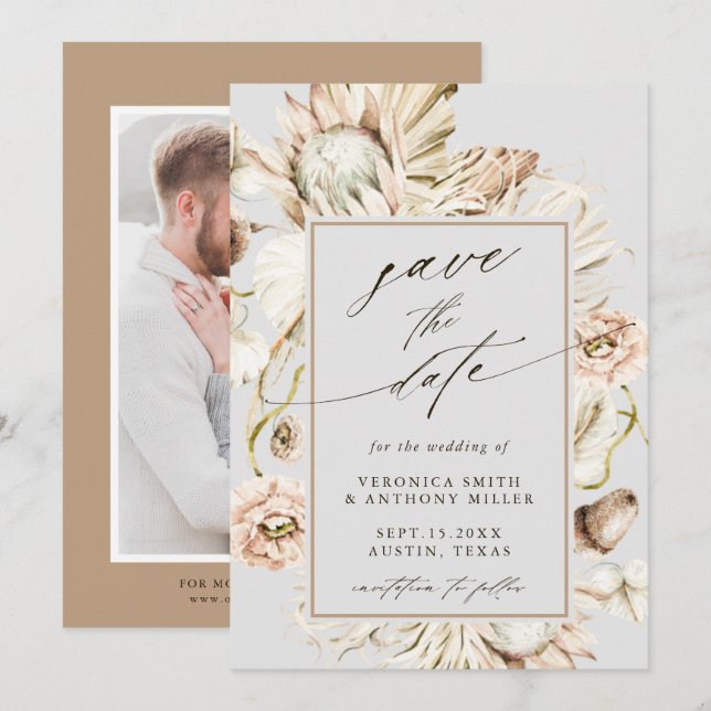 Boho Protea Pampas Grass Grey Wedding Photo Save The Date (Front/Back)