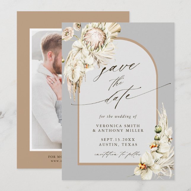 Boho Protea Pampas Grass Grey Wedding Photo Save The Date (Front/Back)
