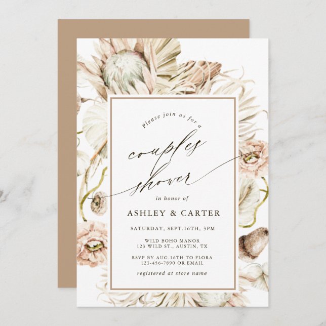 Boho Protea Pampas Grass Watercolor Couples Shower Invitation (Front/Back)