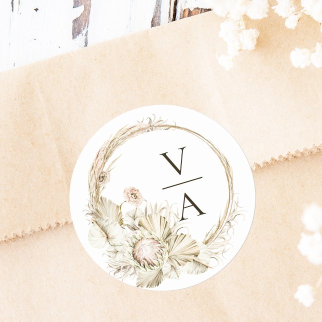 Boho Protea Pampas Grass Wreath Wedding Monogram Classic Round Sticker (Creator Uploaded)