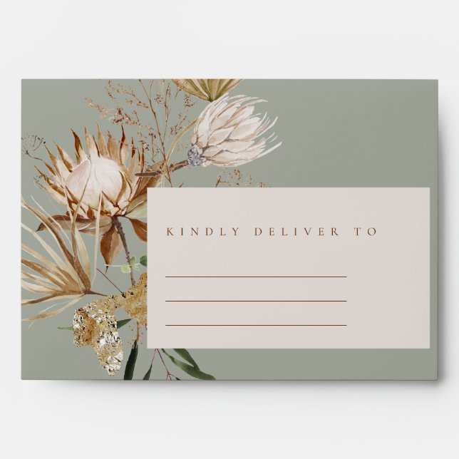 Boho Protea Saga Green Dry Palm Floral Wedding Envelope (Front)