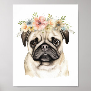 Boho Pug Dog Flower Crown Watercolor Poster