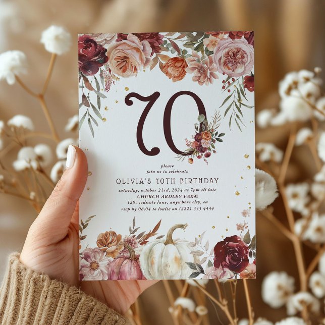 Boho Pumpkin Autumn Bloom 70th Birthday Invitation (Creator Uploaded)