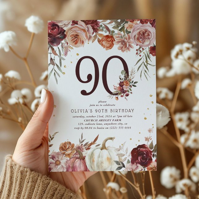 Boho Pumpkin Autumn Bloom 90th Birthday Invitation (Creator Uploaded)
