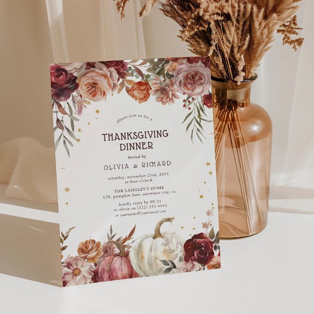 Boho Pumpkin Autumn Bloom Thanksgiving Dinner Invitation (Creator Uploaded)