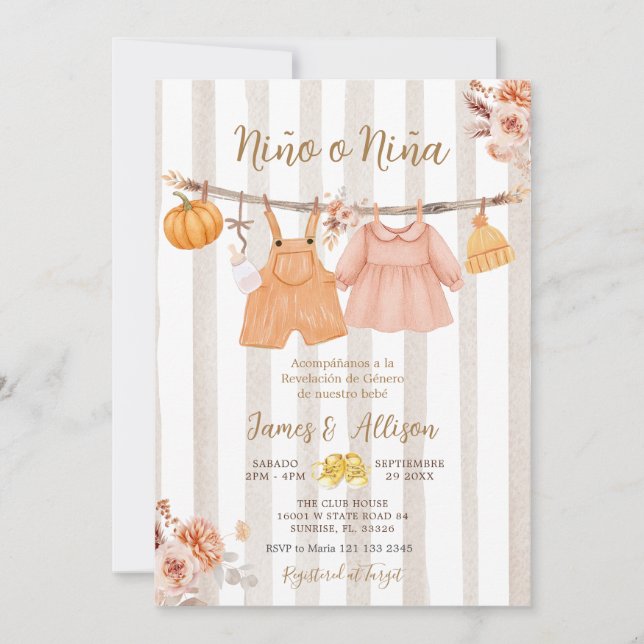  Boho Pumpkin Baby Clothes Spanish Gender Reveal Invitation (Front)