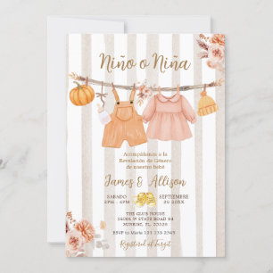  Boho Pumpkin Baby Clothes Spanish Gender Reveal Invitation
