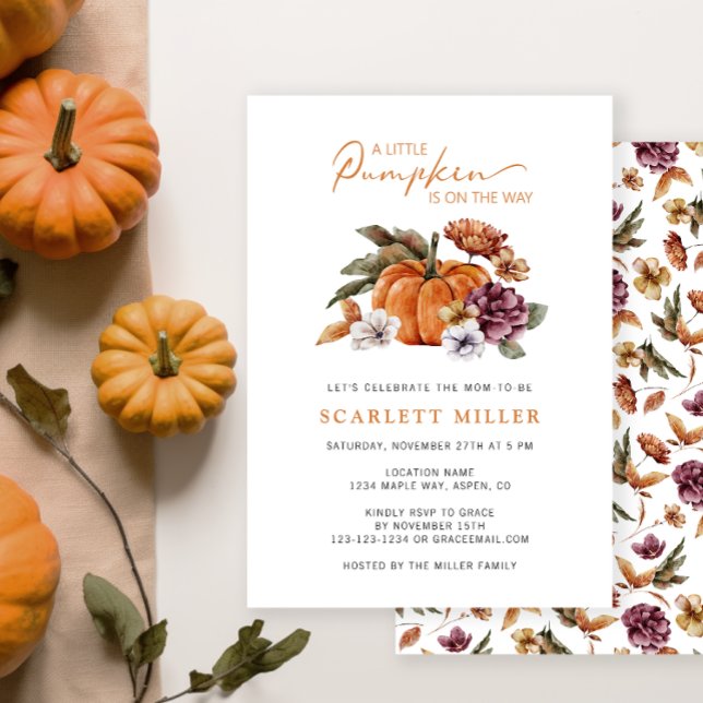 Boho Pumpkin Baby Shower Invitation (A Little Pumpkin Is On The Way Baby Shower Invitation Fall Autumn Watercolor Floral)