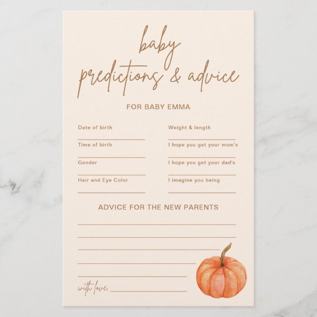 Boho Pumpkin Baby Shower Predictions Advice Game (Front)