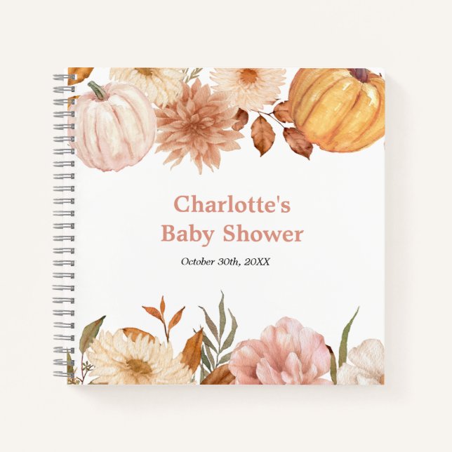 Boho Pumpkin Fall Floral Baby Shower Guestbook Notebook (Front)