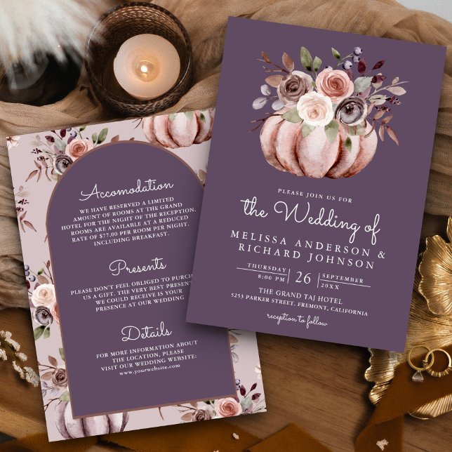 Boho Pumpkin Floral All in One Pale Purple Wedding Invitation (Creator Uploaded)
