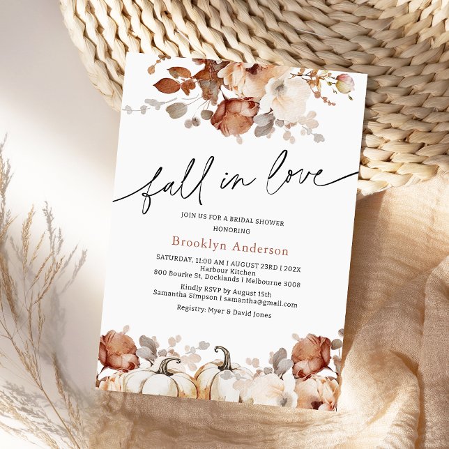 Boho Pumpkin Floral Fall In Love Bridal Shower Invitation (Boho Floral Fall In Love Bridal Shower Invitation, Pumpkins, Autumn Foliage, Fall Bridal Shower )