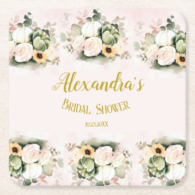 Boho Pumpkin Pampas Grass Elegant Bridal Shower Square Paper Coaster (Front)