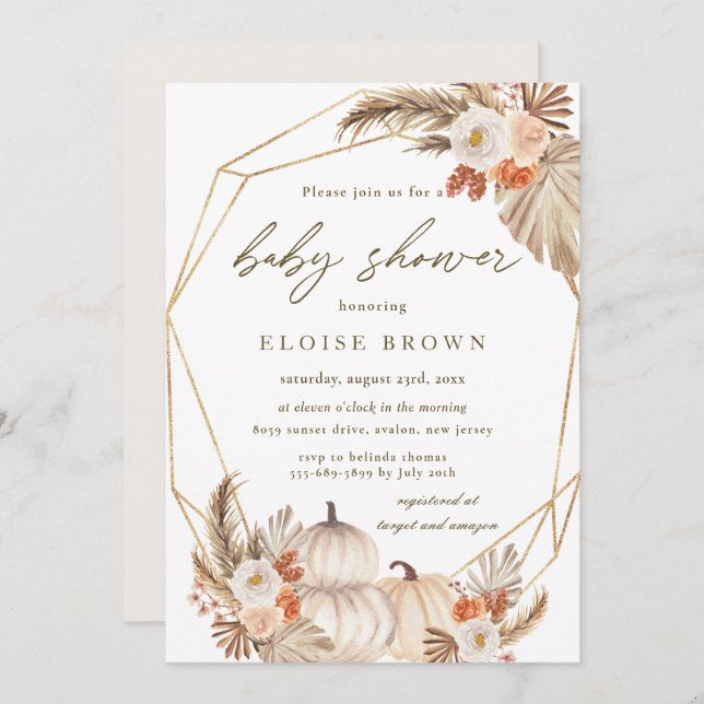 Boho Pumpkin Pampas Grass Floral Baby Shower  Invi Invitation (Front/Back)