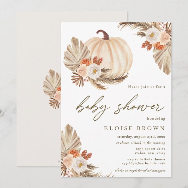 Boho Pumpkin Pampas Grass Floral Baby Shower  Invitation (Front/Back)