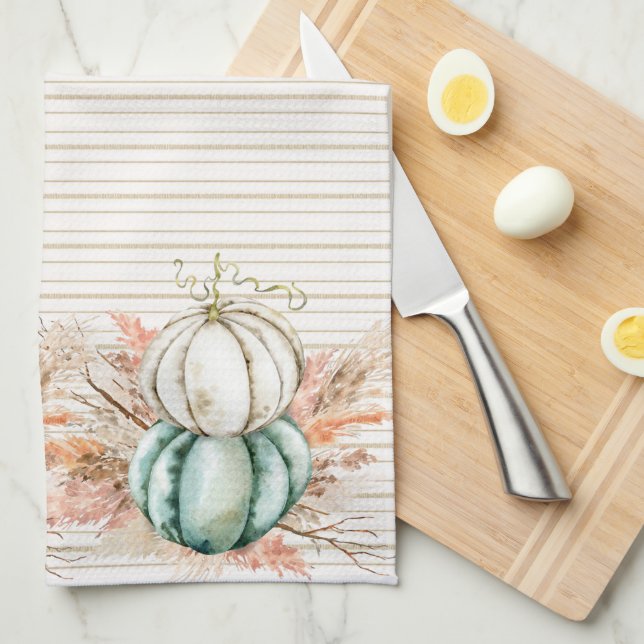 Boho Pumpkin Pampas Grass French Country Stripes  Tea Towel (Quarter Fold)
