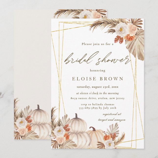 Boho Pumpkin Pampas Grass Geometric Bridal Shower  Invitation (Front/Back)