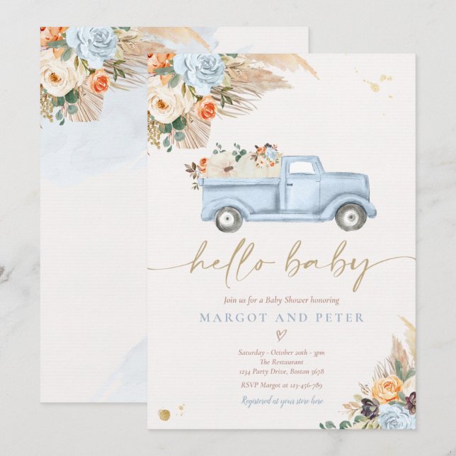 Boho Pumpkin Pickup Truck Blue Boy Baby Shower Invitation (Front/Back)